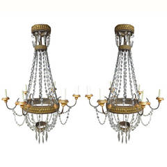 Pair of 18th-19th Century Italian Tole and Crystal Chandeliers