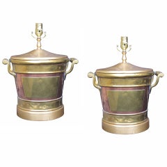 Pair of 19thC English Copper & Brass Buckets as Lamps on Custom Bases
