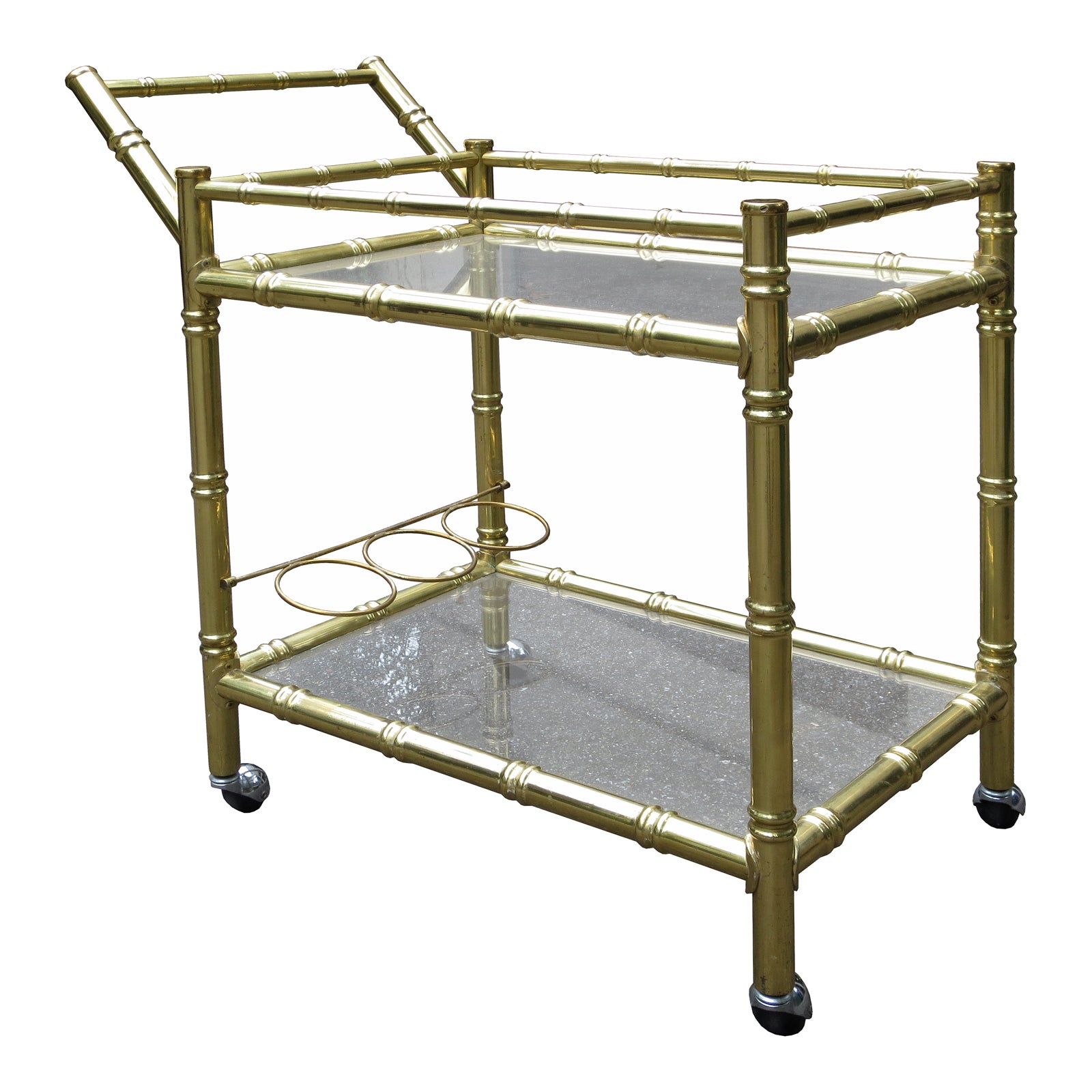 1970s Brass Faux Bamboo and Glass Bar Cart