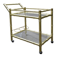 1970s Brass Faux Bamboo and Glass Bar Cart