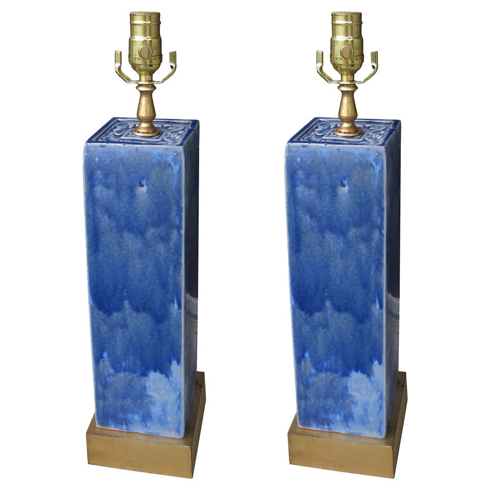 Pair of 19th/20th Century Blue Oriental Lamps on Custom Gilt Base