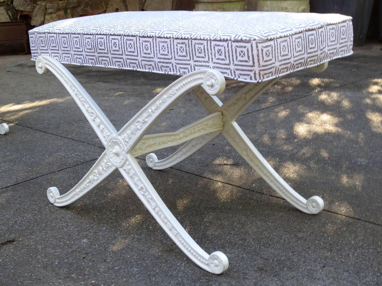 Pair of 20th century white painted X-metal benches.
