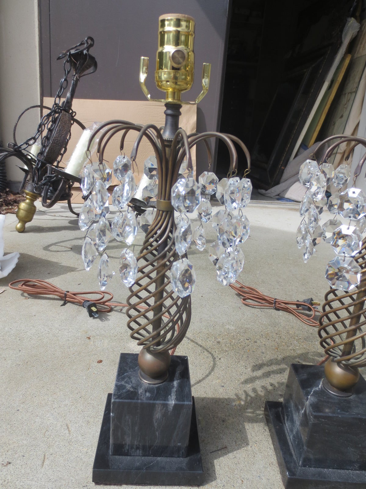 Pair of Regency Style Brown Marble and Crystal Lamps, circa 1940s