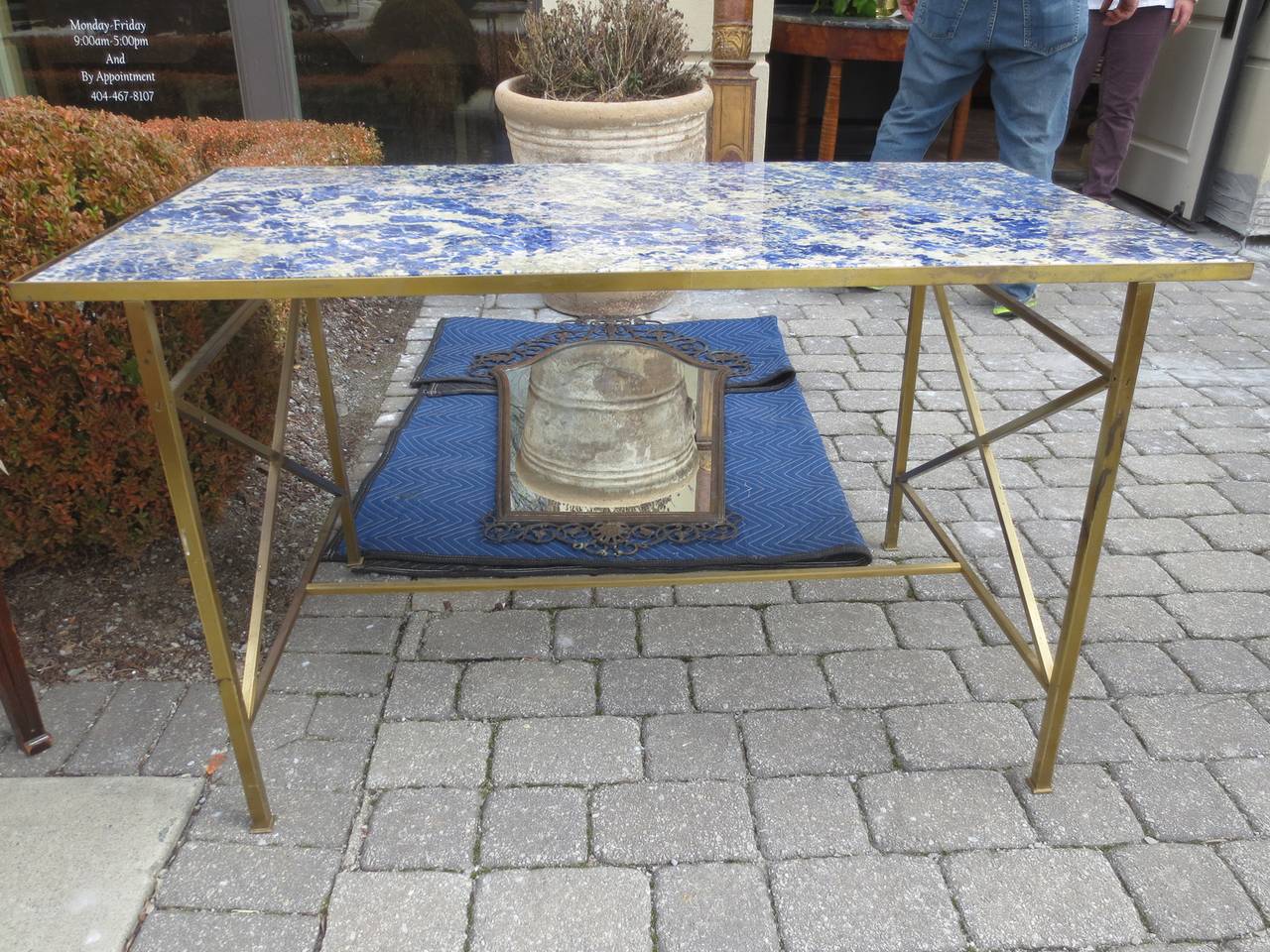 Mid-Century bronze table, incredible blue Bahia stone top, attributed to Paul Mccobb.