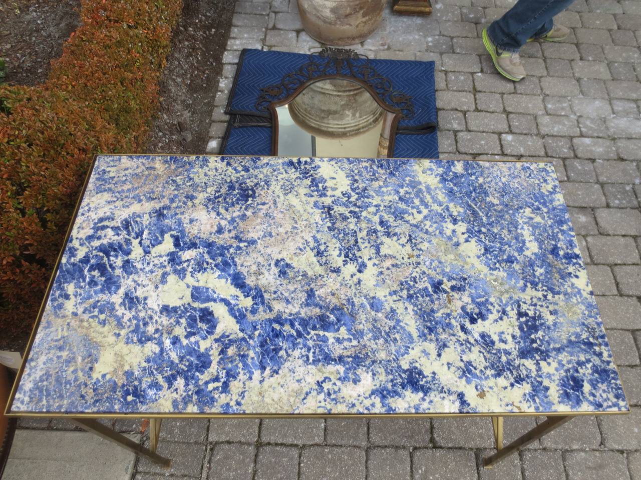 Mid-Century Bronze Table, Incredible Blue Bahia Stone Top In Excellent Condition In Atlanta, GA