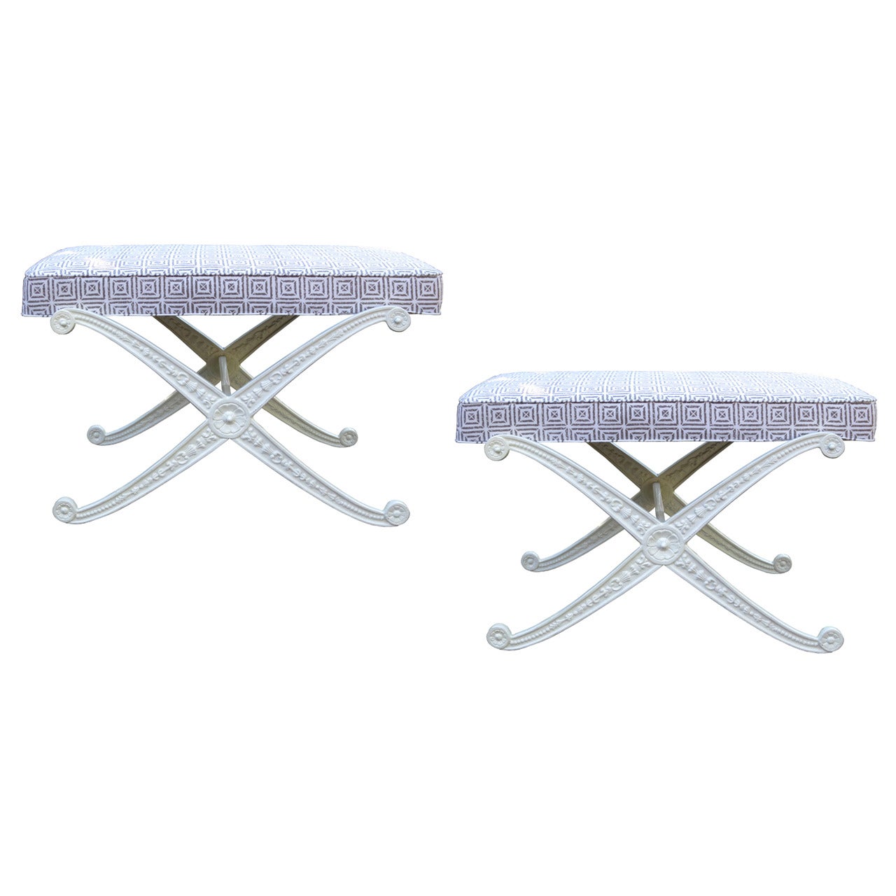 Pair of 20th Century White Painted "X" Metal Benches