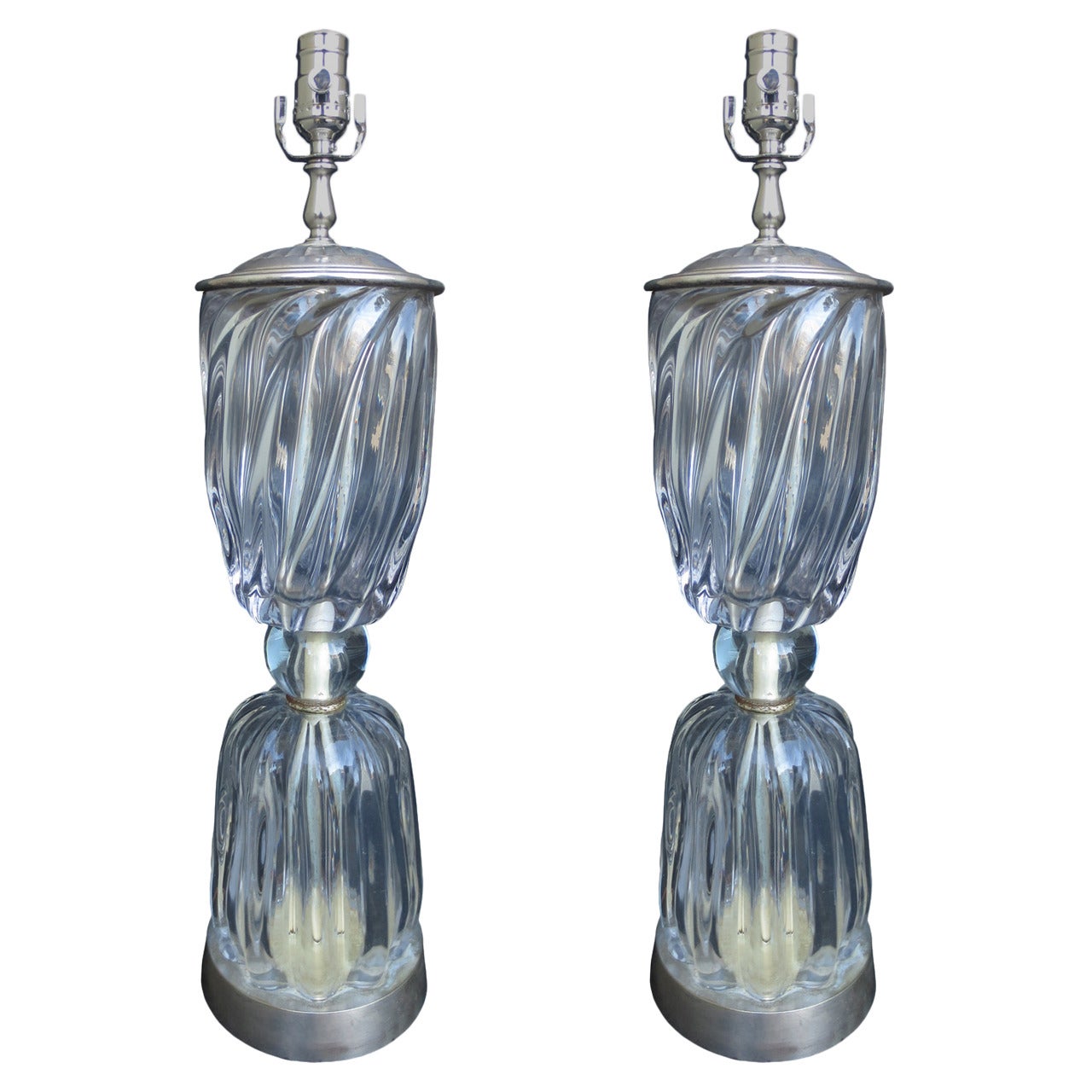 Pair of Venini Glass and Silver Lamps