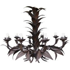 20thC Gathered Tole Leaf 12-Light Chandelier, Dark Patina