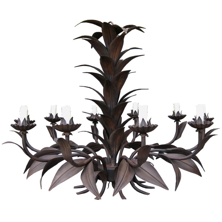 20thC Gathered Tole Leaf 12-Light Chandelier, Dark Patina For Sale