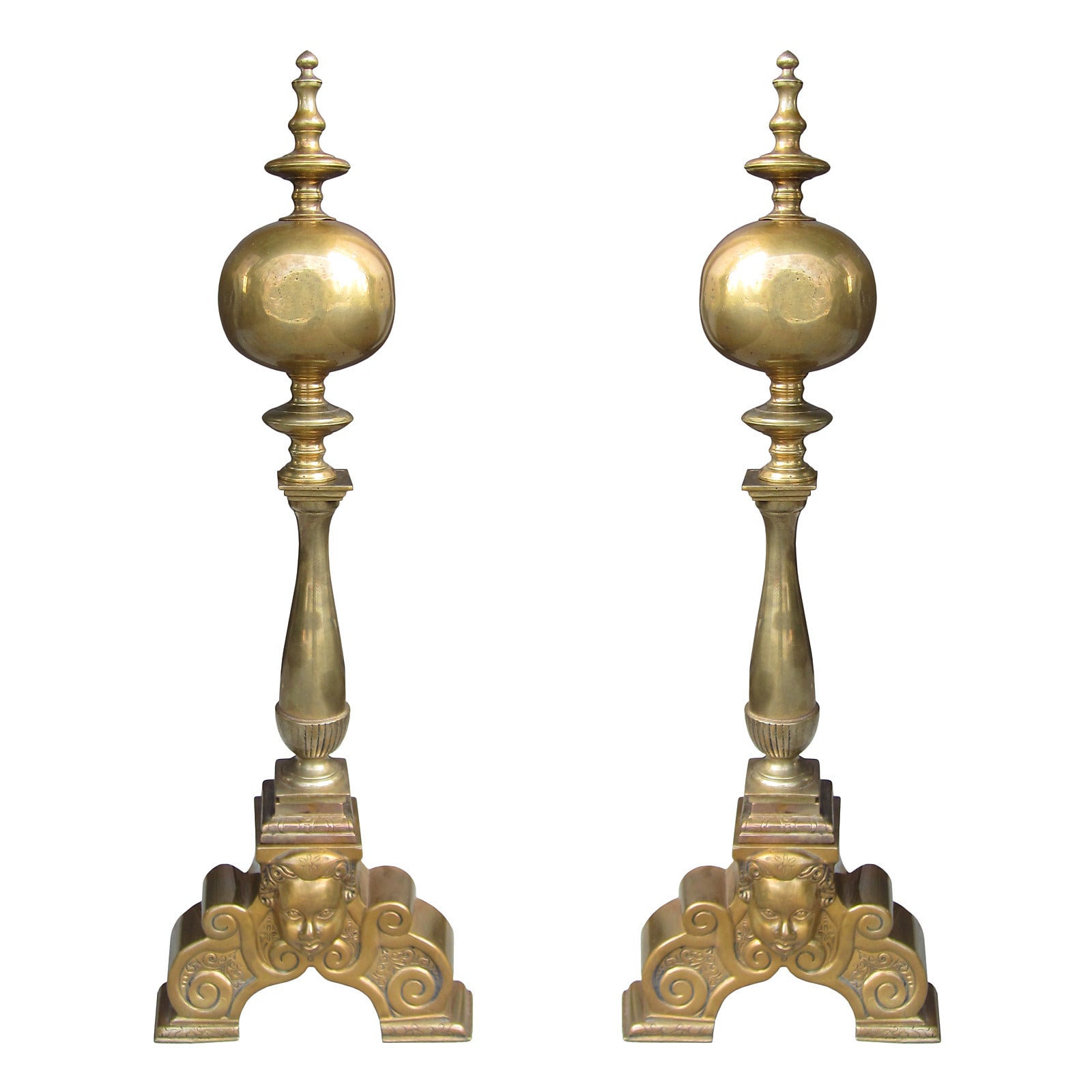 Late 19th-Early 20th Century Pair of Superior Brass Andirons with Face