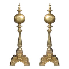Late 19th-Early 20th Century Pair of Superior Brass Andirons with Face