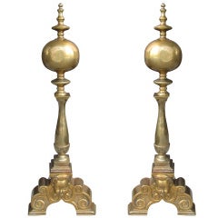 Late 19th-Early 20th Century Pair of Superior Brass Andirons with Face 6