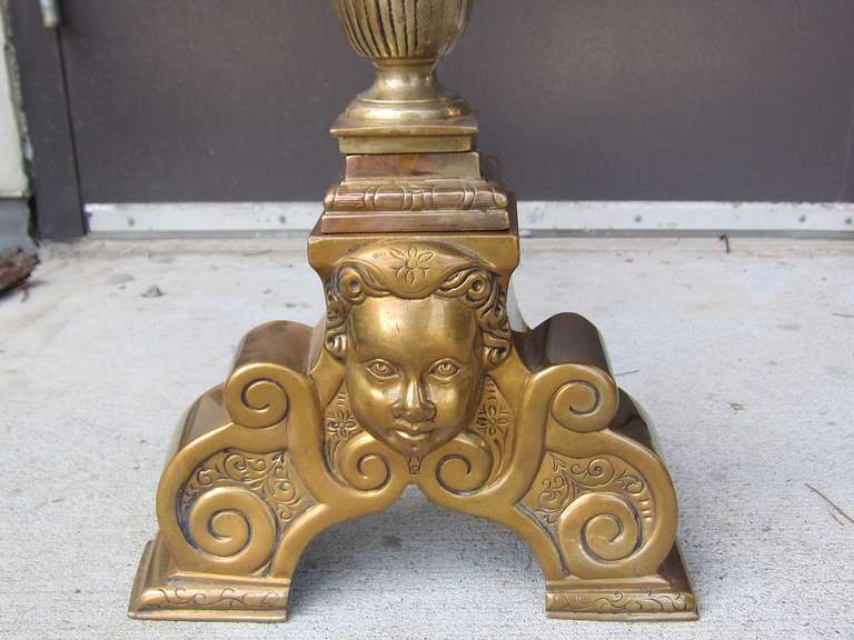 Late 19th-Early 20th Century Pair of Superior Brass Andirons with Face.