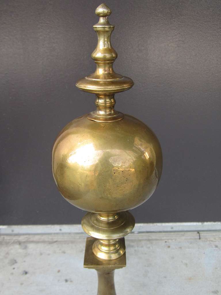 Late 19th-Early 20th Century Pair of Superior Brass Andirons with Face In Good Condition In Atlanta, GA