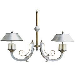 Early 20thC French Tole 2-Arm Chandelier, Brass Accents, 10-Light