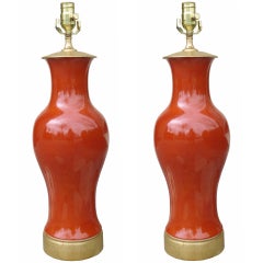 Pair of 20thC Orange Oriental Pottery Lamps on Custom Gilt Bases