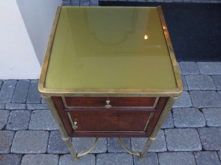 PAIR OF LATE 19thC BRASS/WALNUT BEDSIDE TABLES