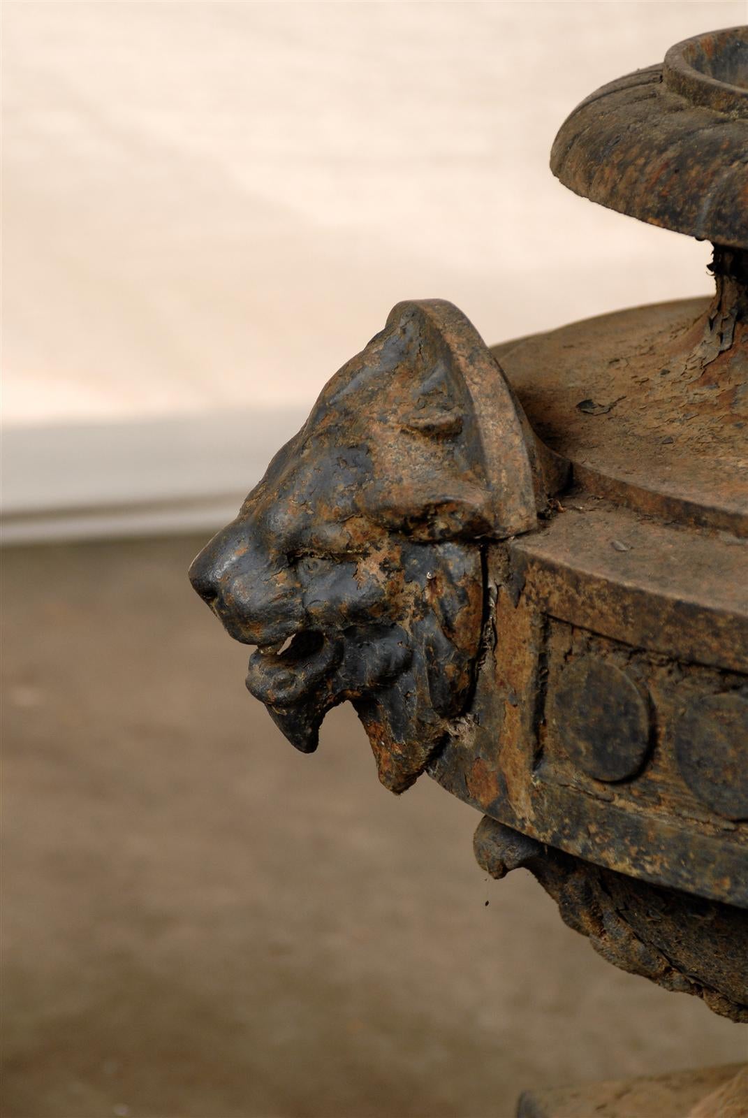 19th Century Iron Garden Urn with Lions Heads on Plinth 1