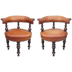19th Century English Barrel Back Library Chairs in Old Leather