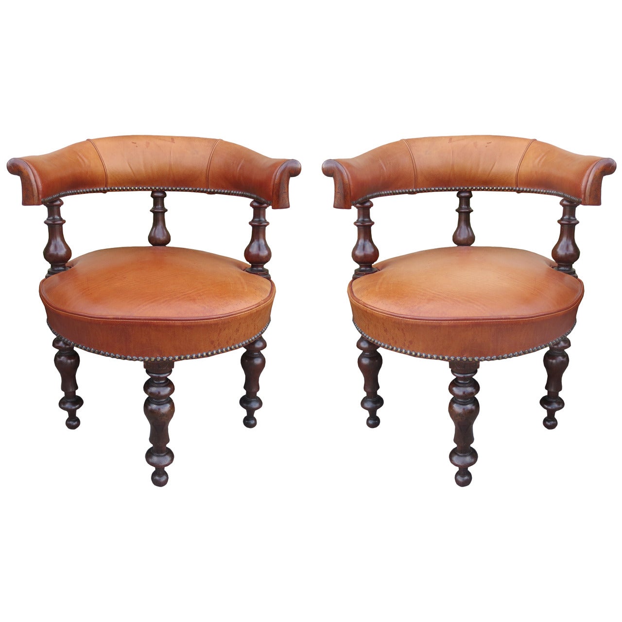 19th Century English Barrel Back Library Chairs in Old Leather