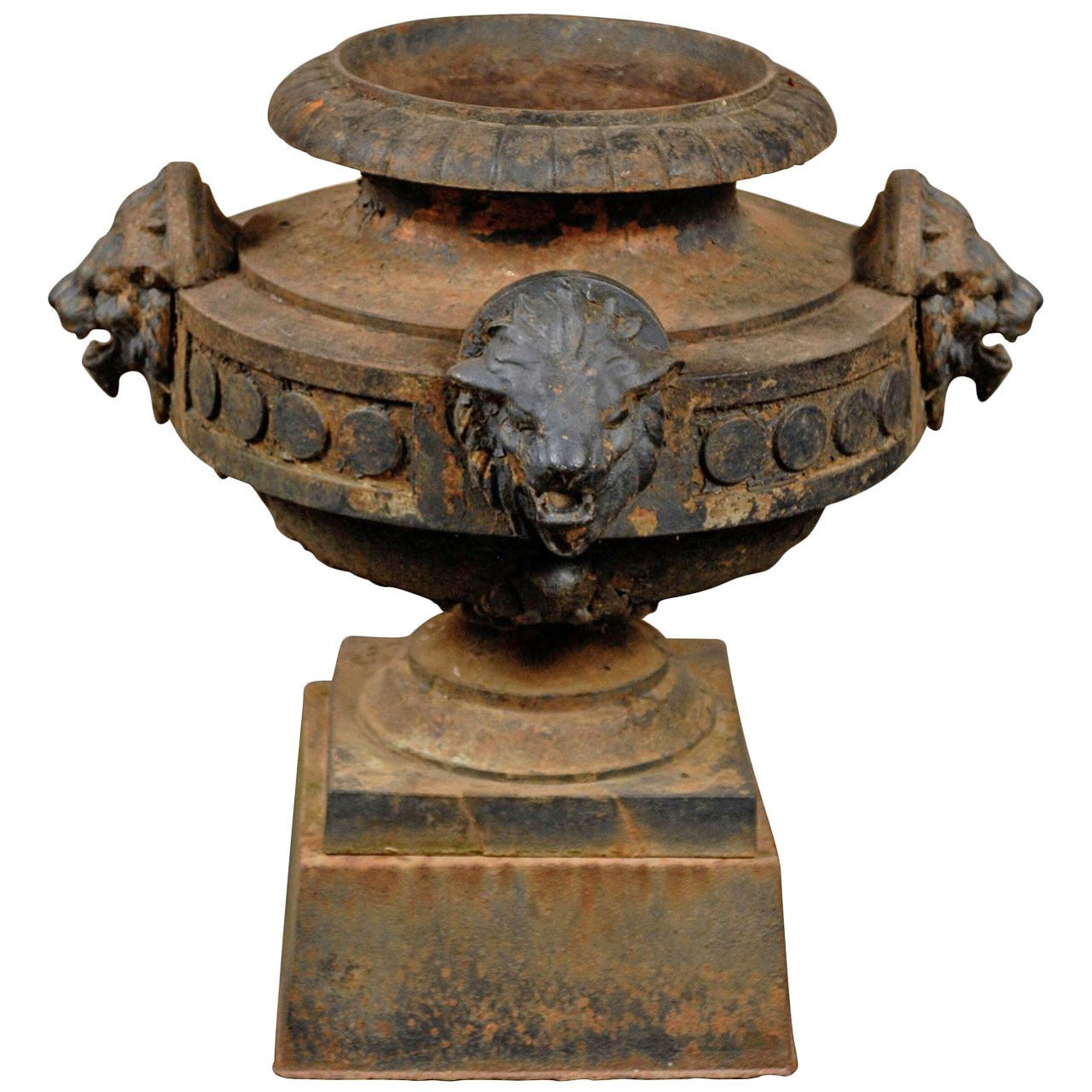 19th Century Iron Garden Urn with Lions Heads on Plinth