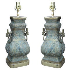 Pair Of Mid C Bronze Oriental Motif Lamps