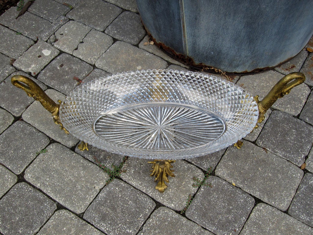 19thC Gilt Bronze Swan Centerpiece W/ Crystal Bowl