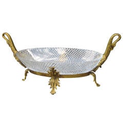 19thC Gilt Bronze Swan Centerpiece W/ Crystal Bowl