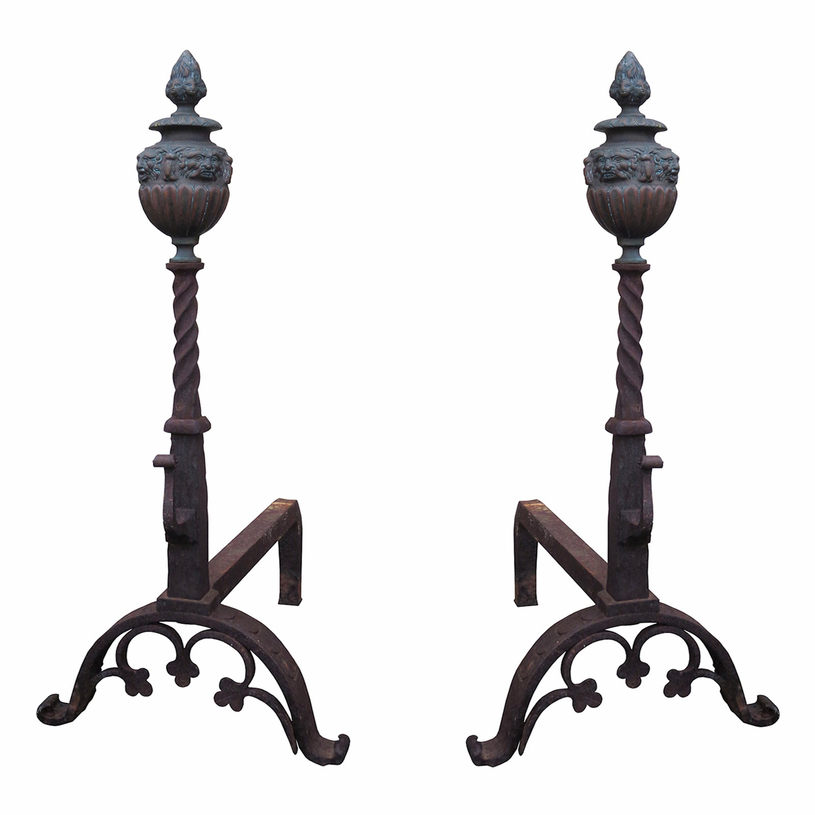 Pair of Large Continental Iron and Bronze Andirons with Faces on Finial For Sale