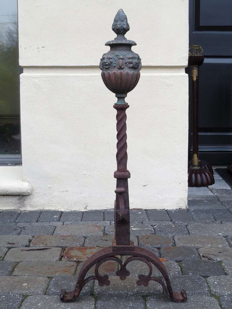 Pair of Large Continental Iron and Bronze Andirons with Faces on Finial, circa 1900 or earlier
Faces on Finial
Perfect for Palm Beach