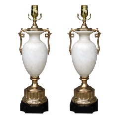 Pair of 20thC Neoclassical Marble & Bronze Urn Lamps