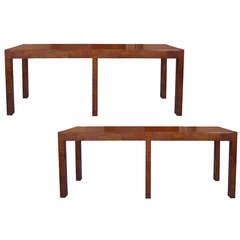 Pair of Mid Century Olivewood Consoles with Parquetry Tops circa 1970