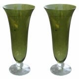 Pair Of Mid C Green Glass Vases, Hand Blown