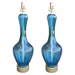Pair Of Mid C Blue Murano Glass Lmaps On Custom Bases
