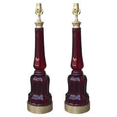 Vintage Pair Of Mid C Ruby Glass Lamps On Custom Giltwood Bases