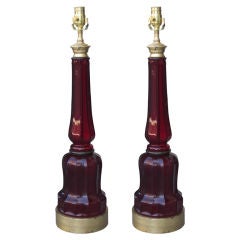 Pair Of Mid C Ruby Glass Lamps On Custom Giltwood Bases