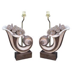 Pair Of Mid C Large Scale Gilt & Wood Painted Cornucopia Lamps