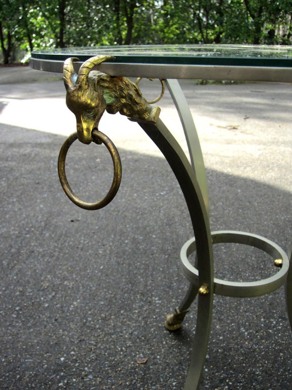 Maison Jansen Style Mid-20th Century Steel & Brass Gueridon Table with Glass Top In Good Condition In Atlanta, GA