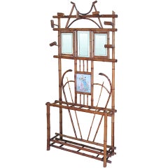 Late 19th Century Bamboo Hall Tree with Mirrors and Ceramic Plaques