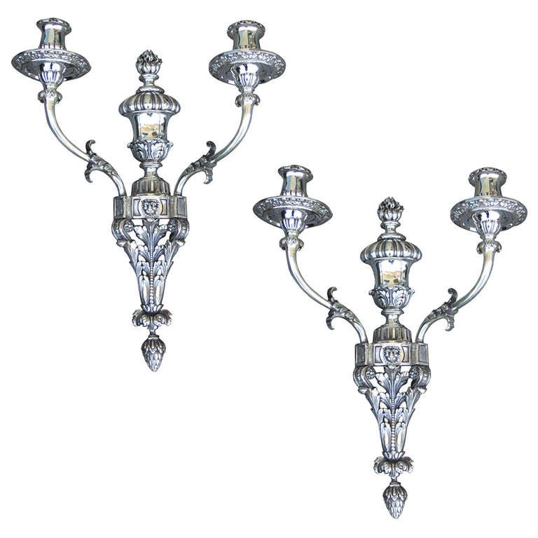 Pair of 20th Century Neoclassical Silvered Bronze Sconces by Caldwell
