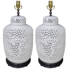Pair of 1940s Chinese White Porcelain Reticulated Lamps