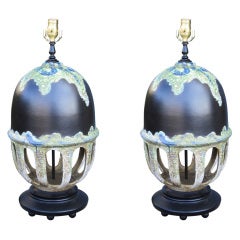 Pair Of Mid C Raku Glazed Pottery Lamps
