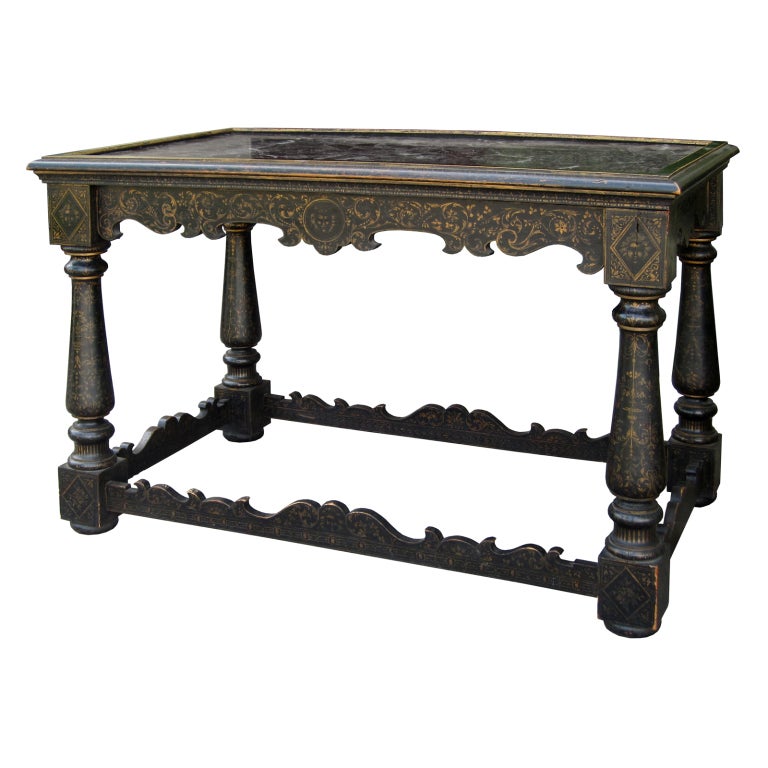 19th century black and gilt centre table with inset marble top.