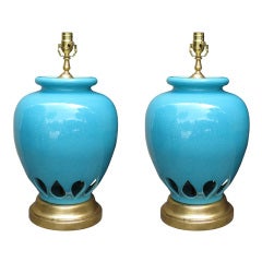 Pair Of Mid C Large Blue Pottery Lamps On Custom Bases Pair Of Mid C Large Blue Pottery Lamps On Custom Bases