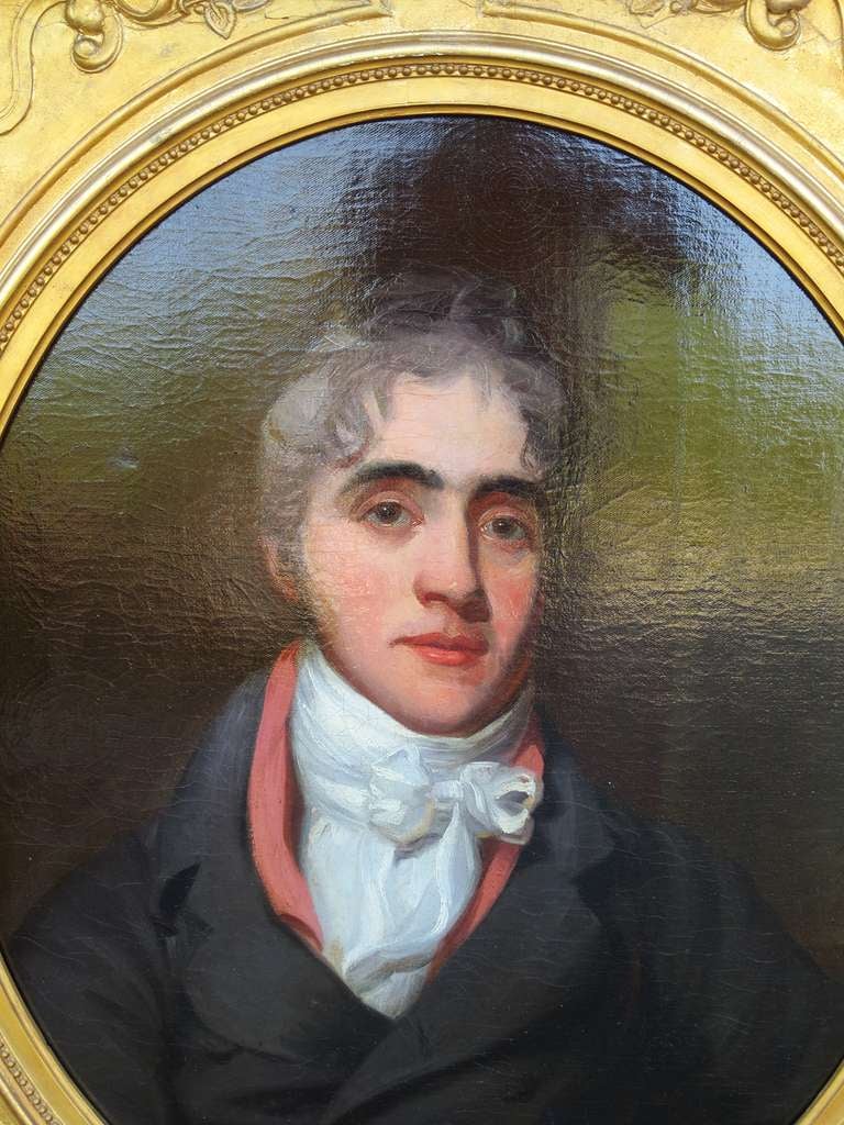 19th century English oil painting portrait of gentleman, in old giltwood frame labeled byJames Bourlet & Sons.