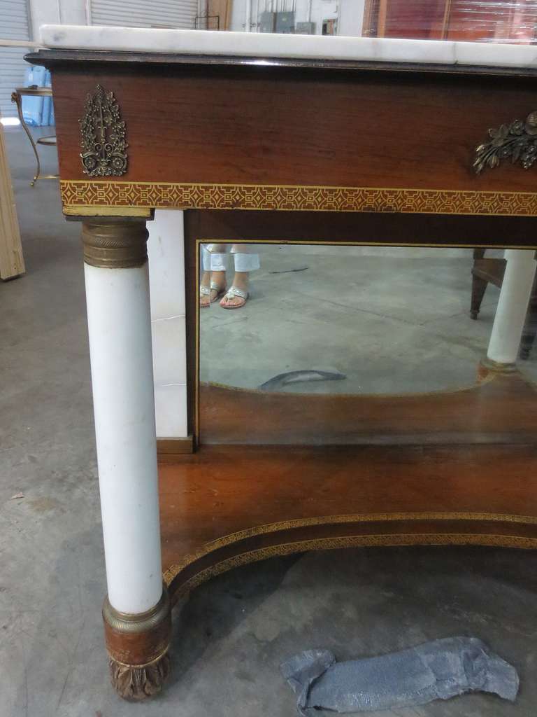 Early 19th century fine Classical marble-top mahogany pier table, probably American, stencil decorated, bronze-mounted, marble columns and columnettes attributed to NY.