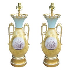 Pair of 19th Century Old Paris Lamps On Custom Gilt Bases