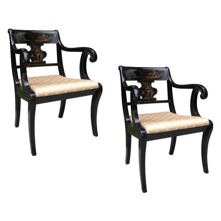 19thc Pair Of Chinoiserie Armchairs With Cane Seats