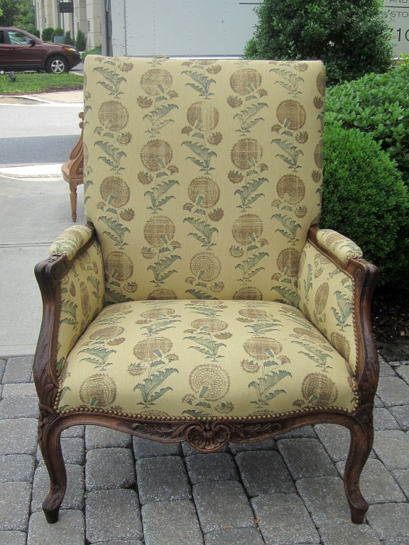 19th century large Louis XV style bergere in jasper, with nailhead trim. Measures: Seat height 17