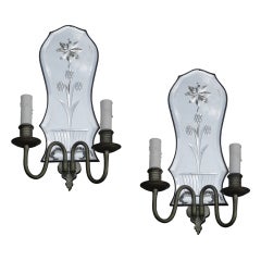 Pair Of Early 20thc Etched Mirrored Sconces
